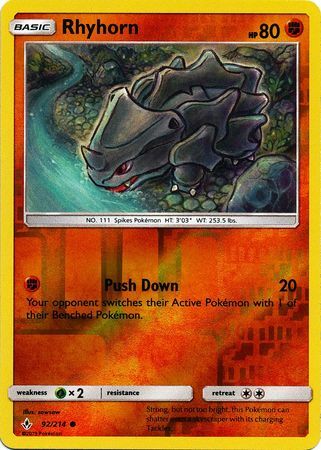 Rhyhorn 92/214 SM Unbroken Bonds Reverse Holo Common Pokemon Card TCG Near Mint Pack Fresh