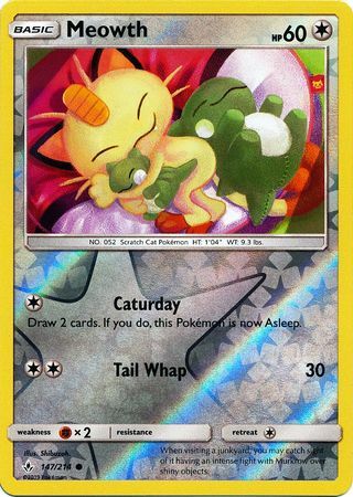 Meowth 147/214 SM Unbroken Bonds Reverse Holo Common Pokemon Card TCG Near Mint Pack Fresh
