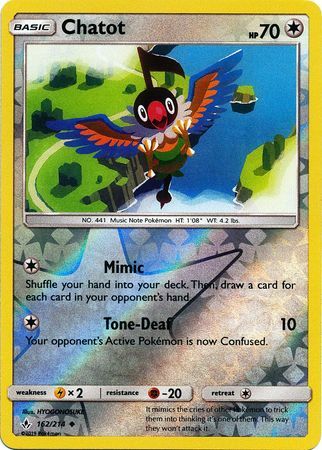 Chatot 162/214 SM Unbroken Bonds Reverse Holo Uncommon Pokemon Card TCG Near Mint Pack Fresh