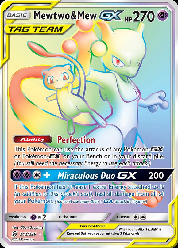 Mewtwo & Mew GX 242/236 SM Unified Minds Holo Rainbow Full Art Secret Hyper Rainbow Rare Pokemon Card TCG kawaii collector australia