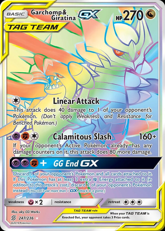 Garchomp & Giratina GX 247/236 SM Unified Minds Holo Rainbow Full Art Kawaii Collector Garchomp & Giratina GX 247/236 SM Unified Minds Holo Rainbow Full Art Kawaii Collector