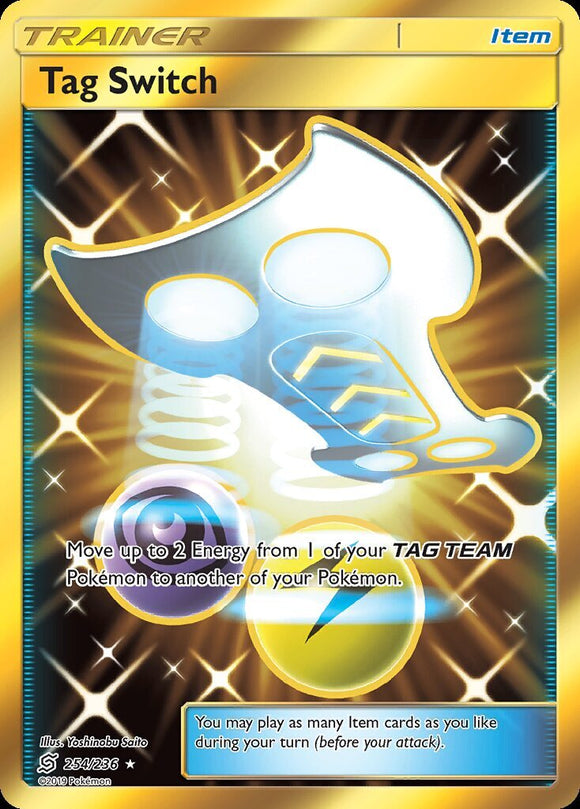 Tag Switch 254/236 SM Unified Minds Holo Gold Ultra Secret Rare Trainer Pokemon Card TCG kawaii collector australia